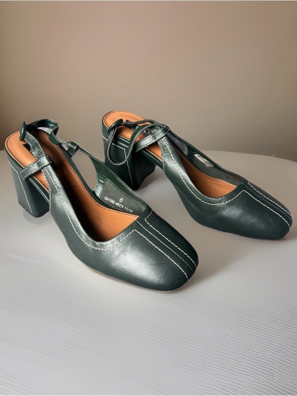 Women’s Dark Green Block Heel Slingback Pumps Sz 6 Leather Pinup Retro Square